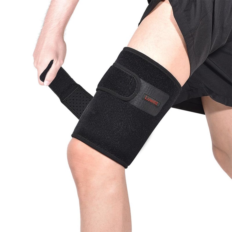 Luwint Youth Small Adult Thigh Hamstring Brace, Adjustable Compression Upper Leg Sleeve Support Wrap for Sprains, Tendinitis, Workout, Pain Relief, Single, Black - Image 1